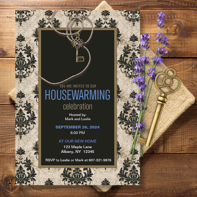 Antique Vintage Key Damask Housewarming Party  Invitation (Creator Uploaded)