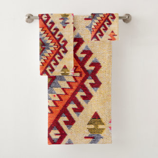Antique Vintage Oriental Red Beige Kilim Turkish Bath Towel Set