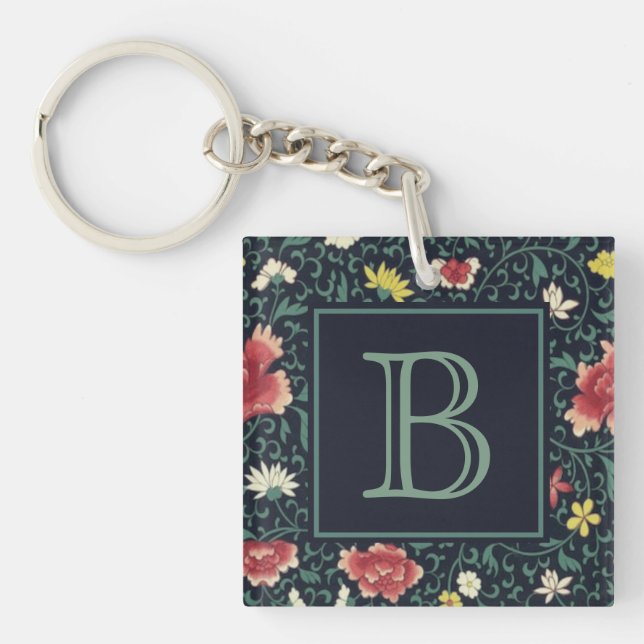 Antique Vintage Pretty Floral Monogram Key Ring (Front)