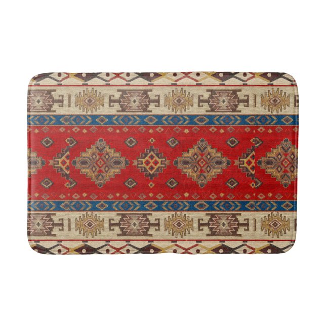 Antique Vintage Red Blue Kilim Turkish Bath Mat (Front)
