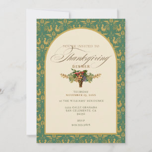Antique Vintage Teal & Gold Thanksgiving Dinner Invitation