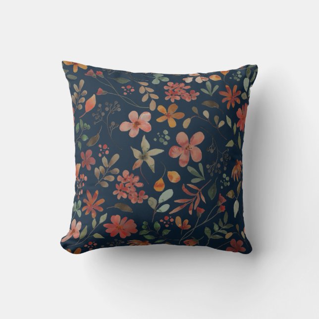 Antique Watercolor Print Floral on Navy Cushion (Front)