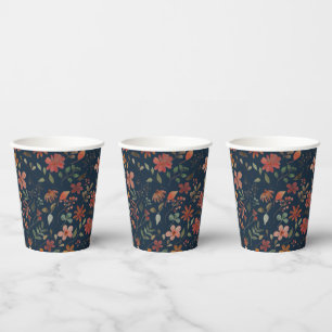 Antique Watercolor Print Floral on Navy Paper Cups