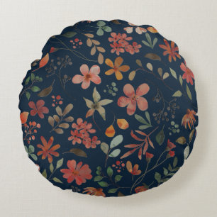 Antique Watercolor Print Floral on Navy Round Cushion