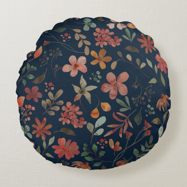 Antique Watercolor Print Floral on Navy Round Cushion (Front)