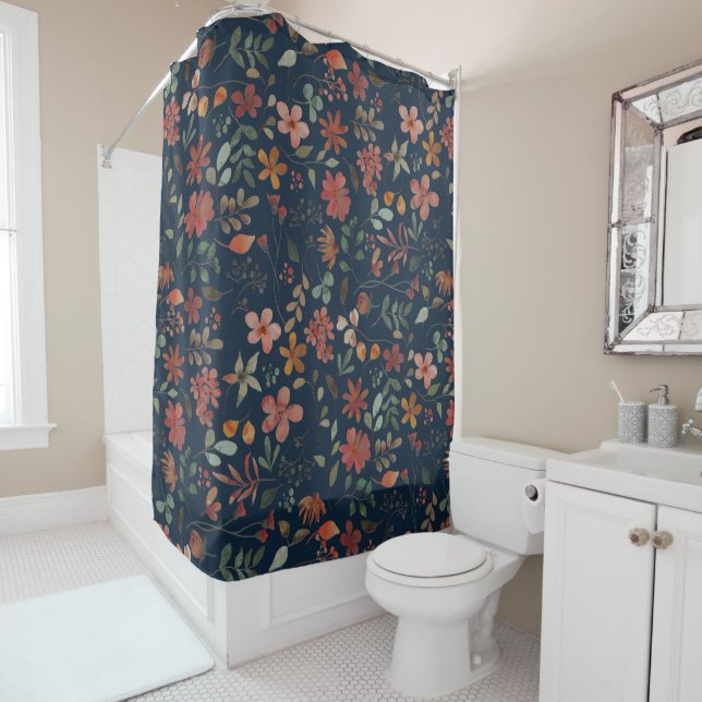 Antique Watercolor Print Floral on Navy Shower Curtain (In Situ)
