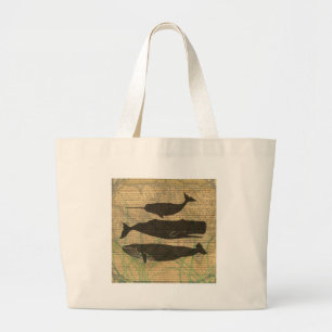 Antique Whale Nautical Sea Life Large Tote Bag