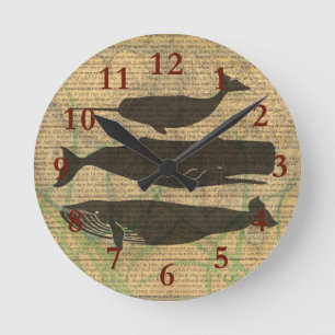 Antique Whale Nautical Vintage Ocean Sea Life Round Clock