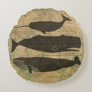Antique Whale Nautical Vintage Ocean Sea Life Round Cushion