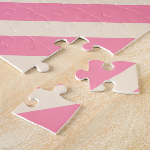 Antique White and Fiery Rose Diagonal Stripes Jigsaw Puzzle