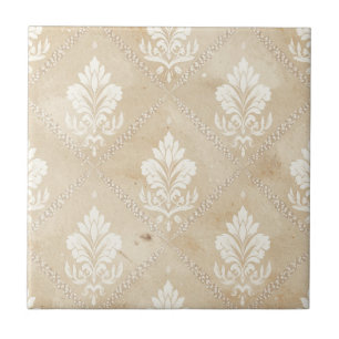 Antique White Damask on Distressed Sepia Beige Tile