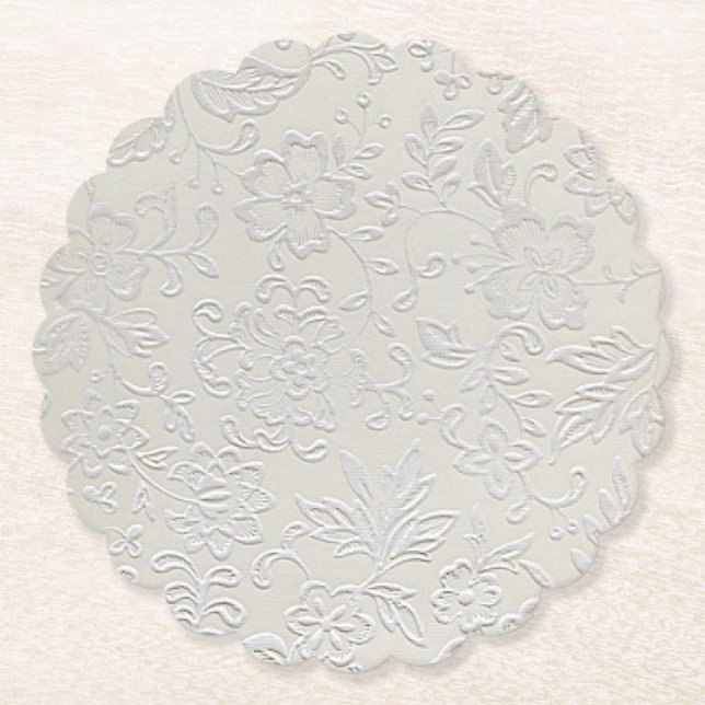 Antique White Floral Wedding Paper Coaster (Front)