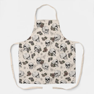 Antique White Gothic Skulls and Roses Floral Apron