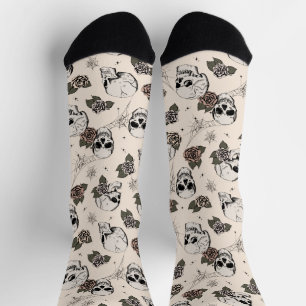Antique White Gothic Skulls and Roses Floral Socks