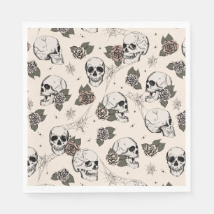 Antique White Gothic Skulls and Roses Halloween Napkin
