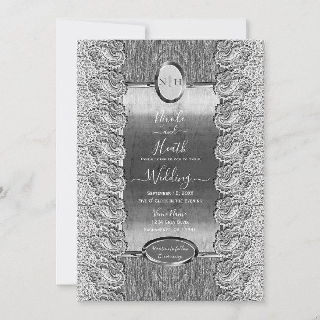 Antique White Lace Grey Wood Silver Wedding   Invitation (Front)