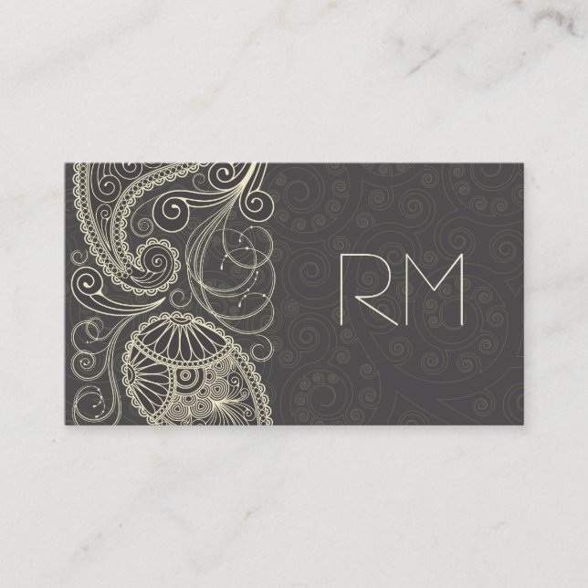 Antique White Paisley On Dark Grey Pattern Design Business Card (Front)