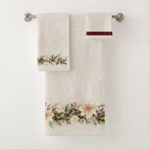 Antique White Poinsettia with Christmas Greenery  Bath Towel Set