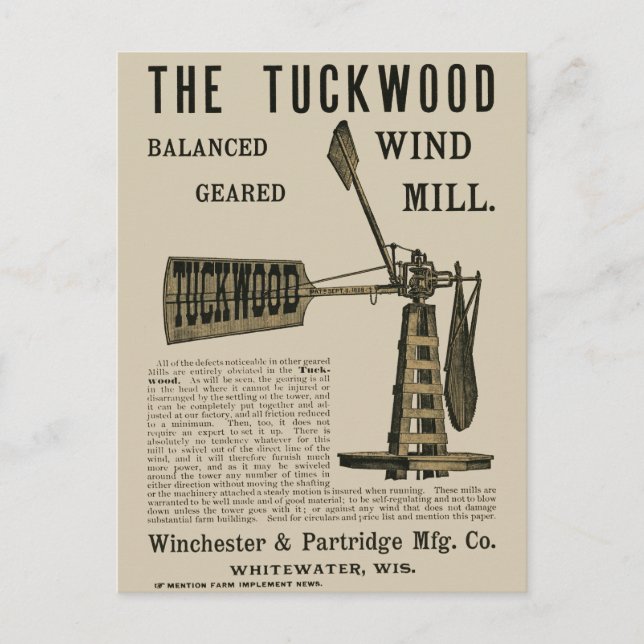 Antique Wind Mill The Tuckwood Whitewater Wis 1889 Postcard (Front)