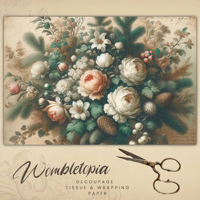 Antique Winter Floral Christmas Script Decoupage Tissue Paper (Creator Uploaded)
