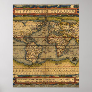 Antique world map 1500s vintage illustration art poster