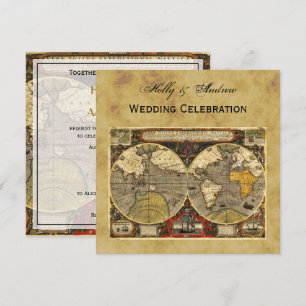 Antique World Map #2, Distressed BG SQ Wedding Invitation