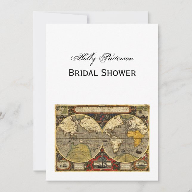 Antique World Map #2, DIY White BG V Bridal Shower Invitation (Front)