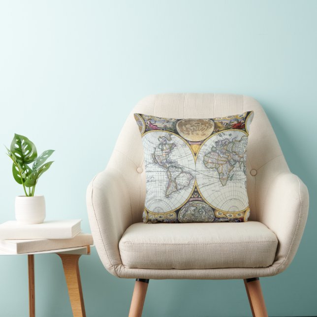 Antique World Map, Atlas Maritimus by John Seller Cushion (Chair)