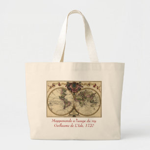 Antique World Map by Guillaume de L'Isle, 1720 Large Tote Bag