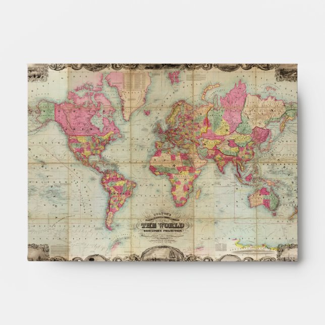 Antique World Map by John Colton, circa 1854 Envelopes (Front)