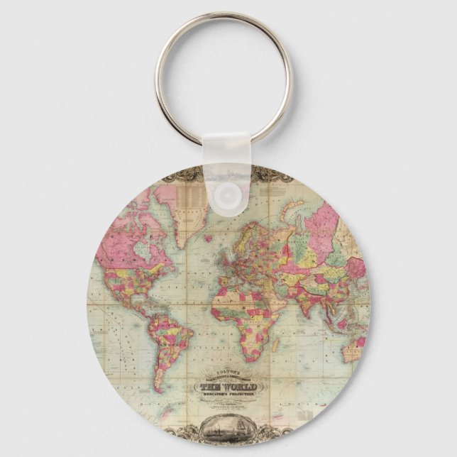 Antique World Map by John Colton, circa 1854 Key Ring (Front)