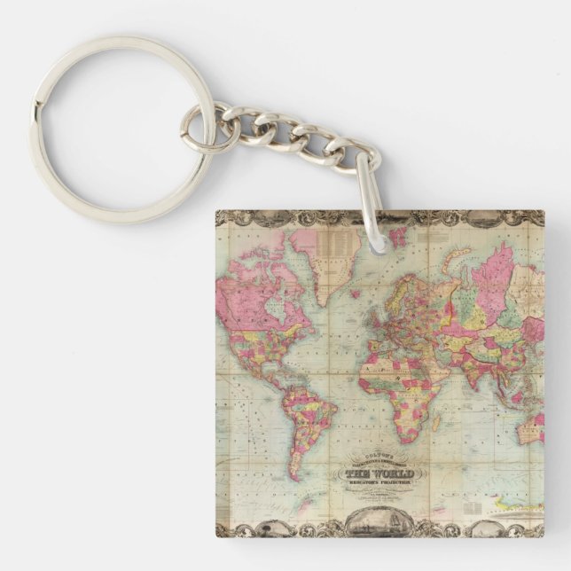 Antique World Map by John Colton, circa 1854 Key Ring (Front)