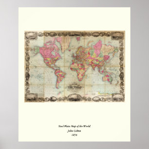 Antique World Map by John Colton, circa 1854 Poster