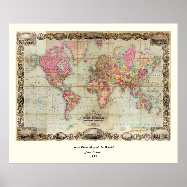 Antique World Map by John Colton, circa 1854 Poster (Front)