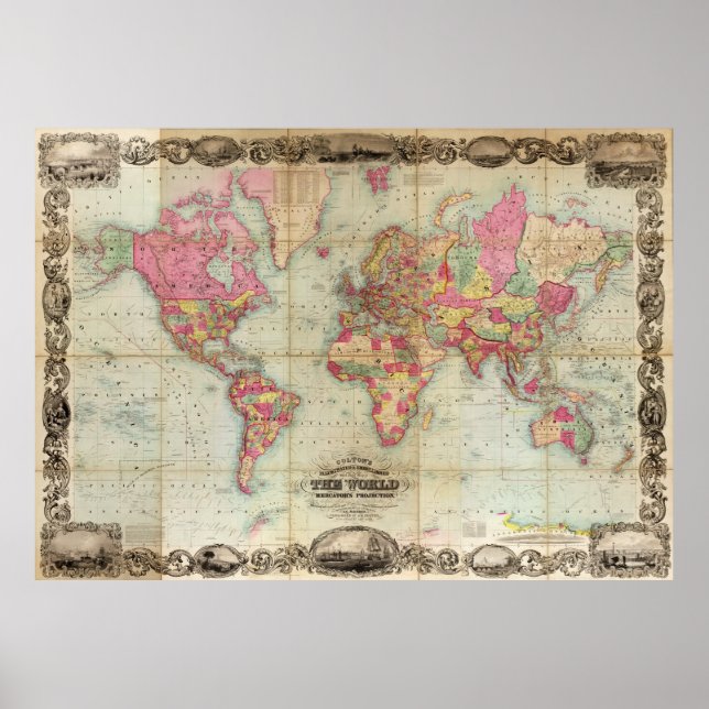 Antique World Map by John Colton, circa 1854 Poster (Front)