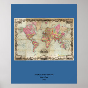 Antique World Map by John Colton, circa 1854 Poster