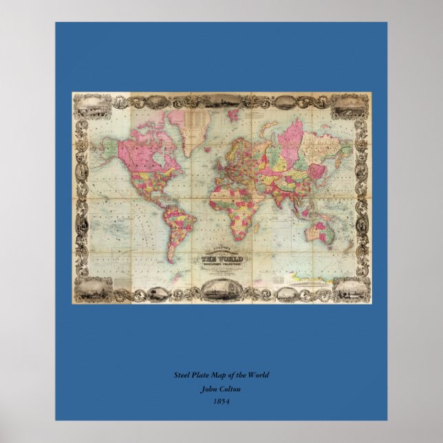Antique World Map by John Colton, circa 1854 Poster (Front)
