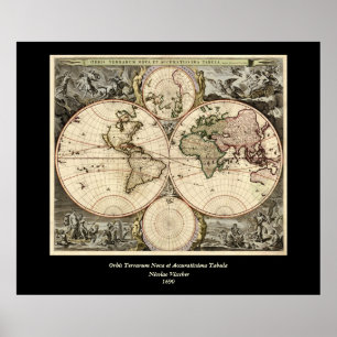 Antique World Map by Nicolao Visscher, circa 1690 Poster