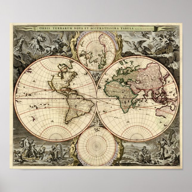 Antique World Map by Nicolao Visscher, circa 1690 Poster (Front)