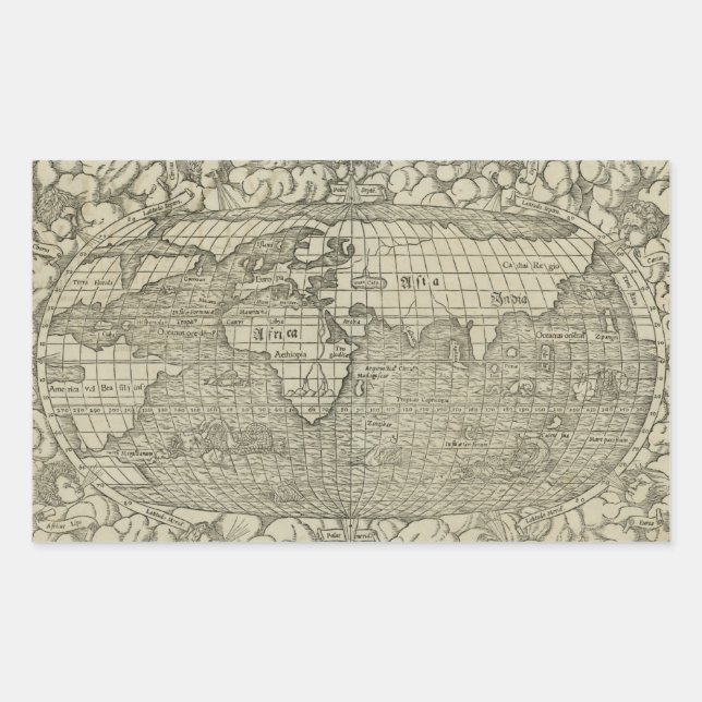 Antique World Map by Sebastian Münster circa 1560 Rectangular Sticker (Front)