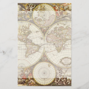 Antique World Map, c. 1680. By Frederick de Wit Stationery