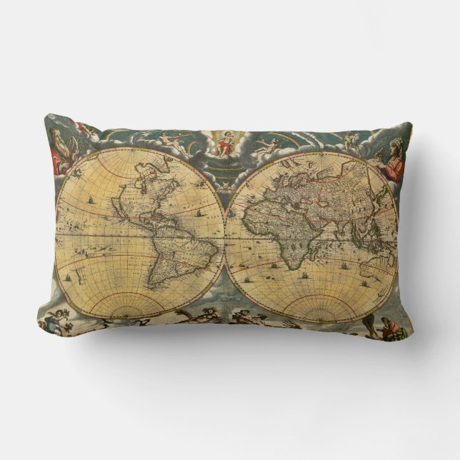 Antique World Map Distressed #2 Lumbar Cushion (Front)