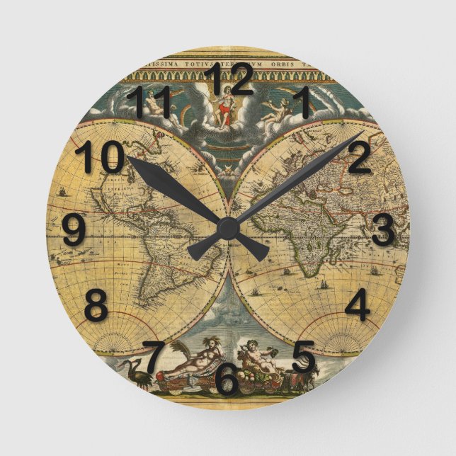 Antique World Map Distressed #2 Round Clock (Front)