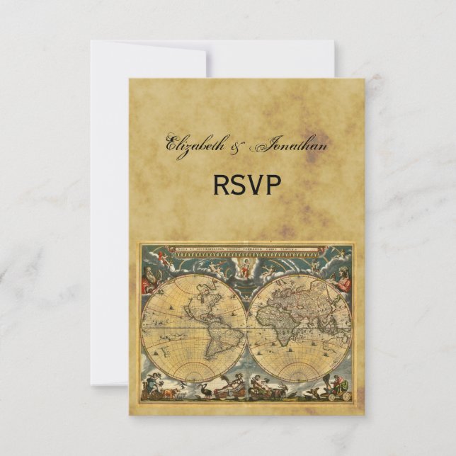 Antique World Map, Distressed BG RSVP (Front)