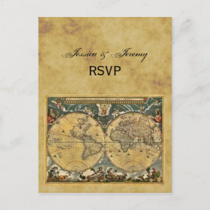 Antique World Map, Distressed BG RSVP Invitation Postcard