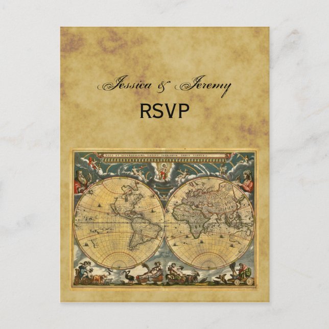 Antique World Map, Distressed BG RSVP Invitation Postcard (Front)