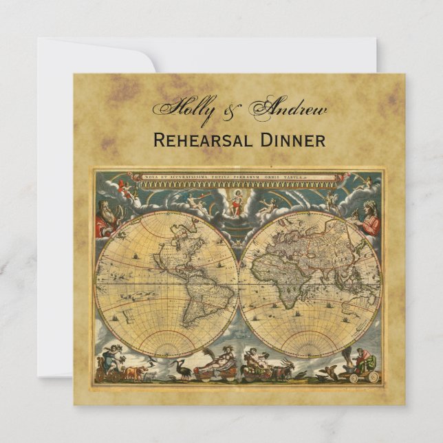 Antique World Map, Distressed BG SQ Rehearsal Din Invitation (Front)