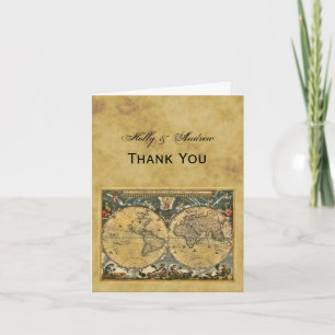 Antique World Map, Distressed BG Thank You Card