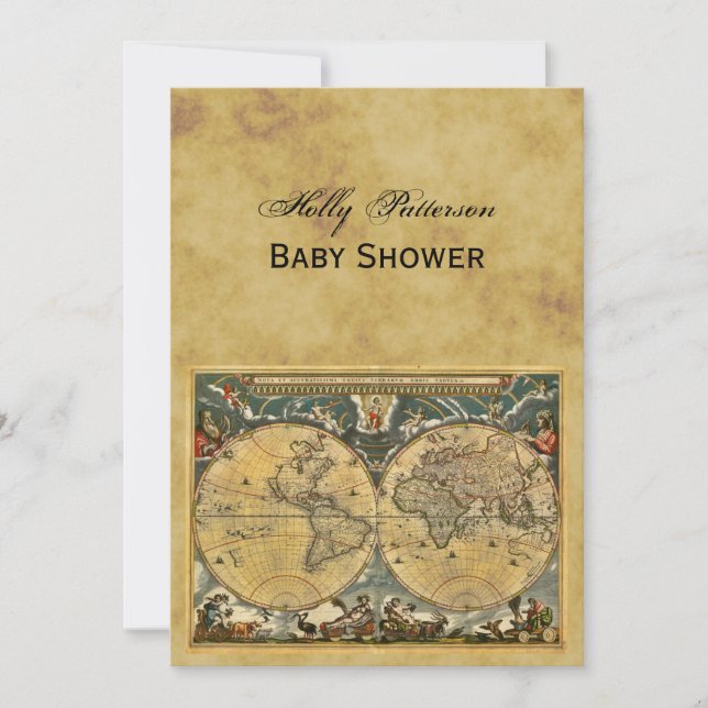 Antique World Map, Distressed BG V Baby Shower Invitation (Front)
