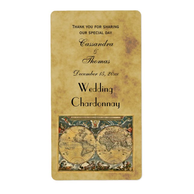 Antique World Map Distressed BG Wine Labels (Front)